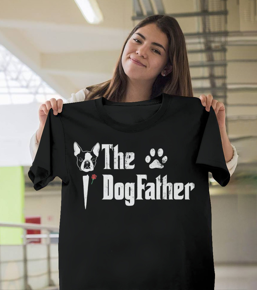 The Dogfather Boston Terrier Dad with Paw Print Icon and Rose T-Shirt