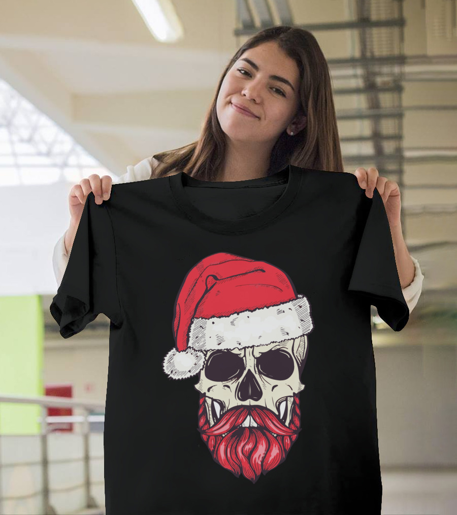 Vintage Bearded Skull Santa Claus with Red Hat and Mustache T-Shirt