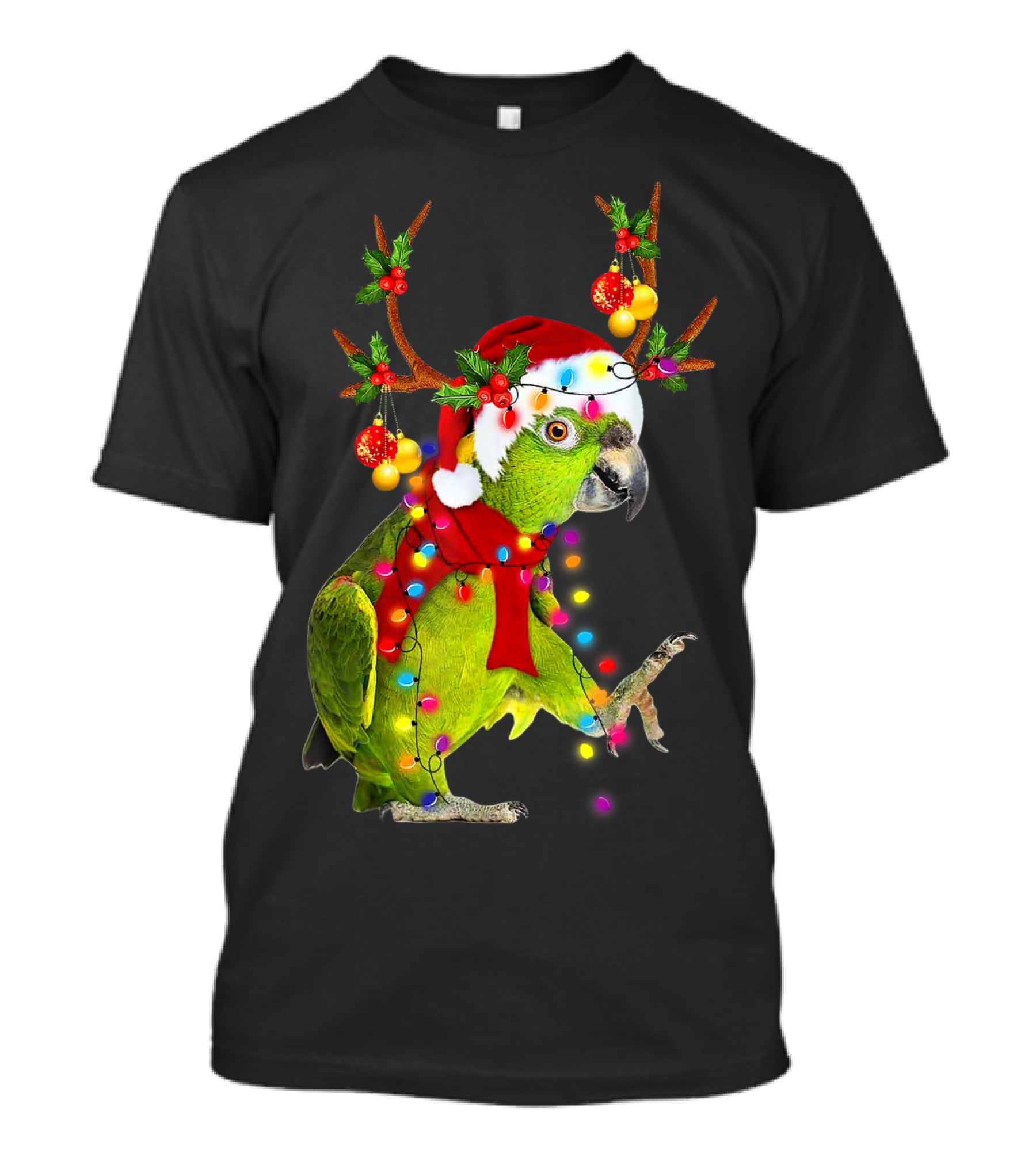 Cockatoo Parrot Reindeer Antlers Christmas Lights Santa Hat T-Shirt