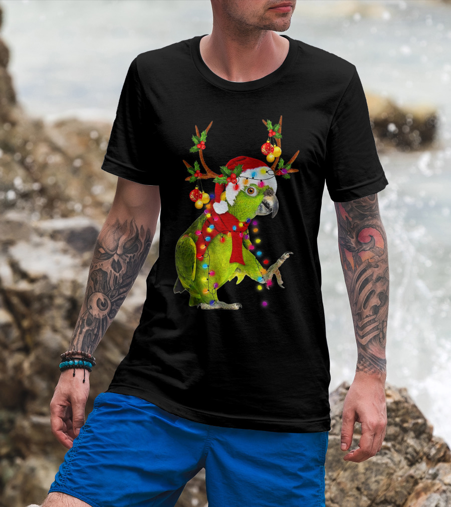 Cockatoo Parrot Reindeer Antlers Christmas Lights Santa Hat T-Shirt