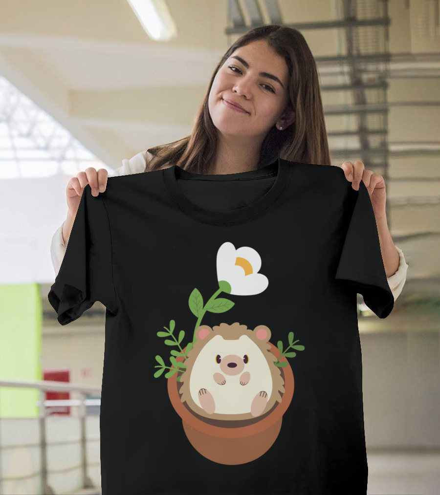 Cute Hedgehog Sitting in Flowering Plant Pot T-Shirt