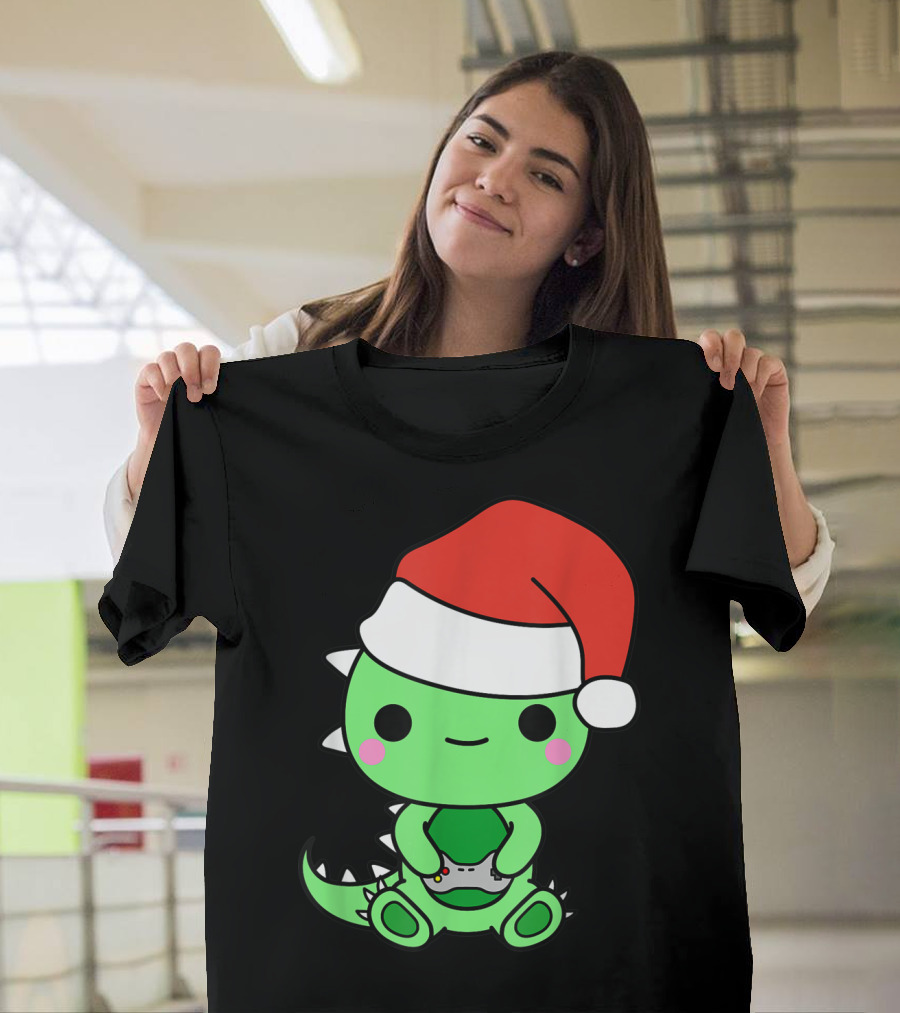 Christmas Gaming Dinosaur Santa Gamer Nerd T-Shirt