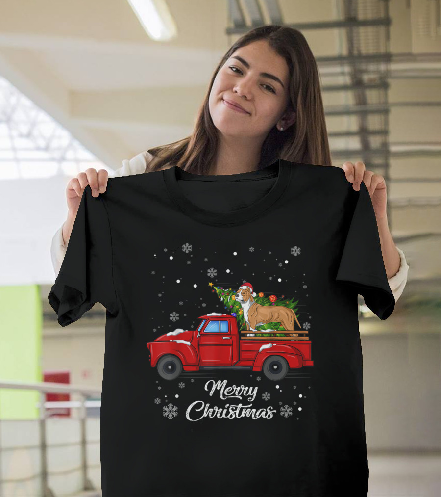 Merry Christmas Pitbull In Red Truck With Christmas Tree And Snowflakes T-Shirt