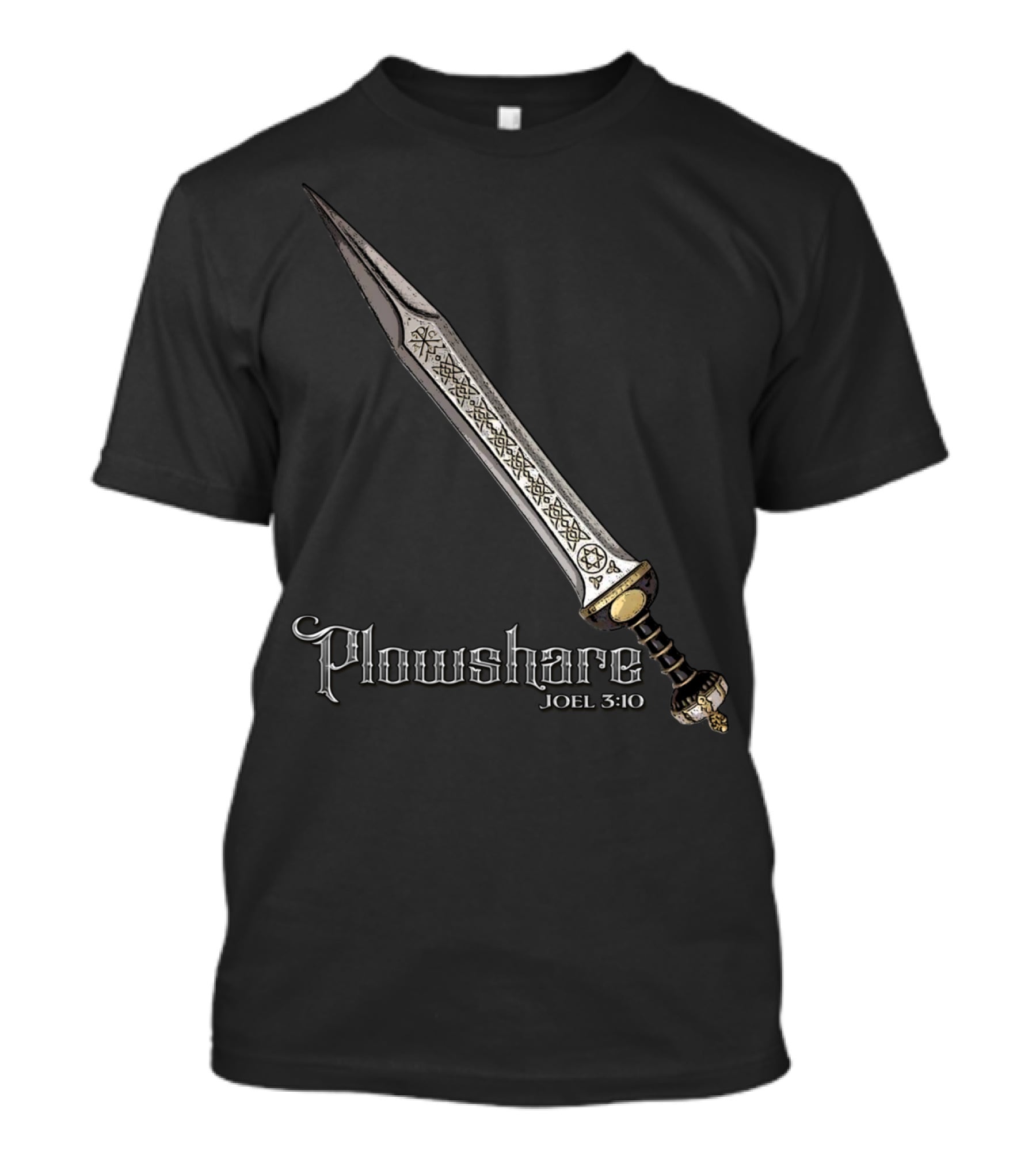 Plowshare Joel 3:10 Sword Design Red Chi Rho Brand T-Shirt