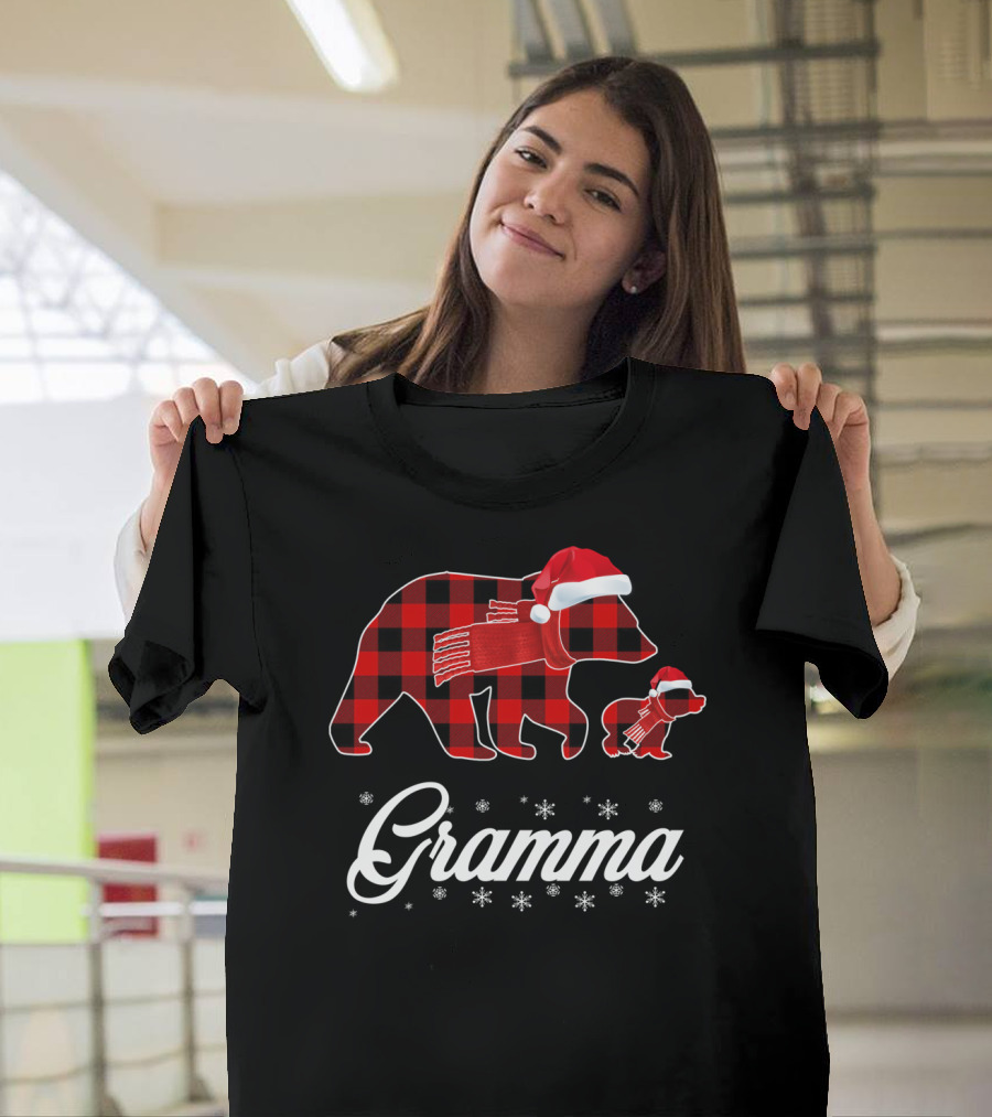 Gramma Bear Red Plaid Buffalo Check Santa Hat Snowflakes T-Shirt