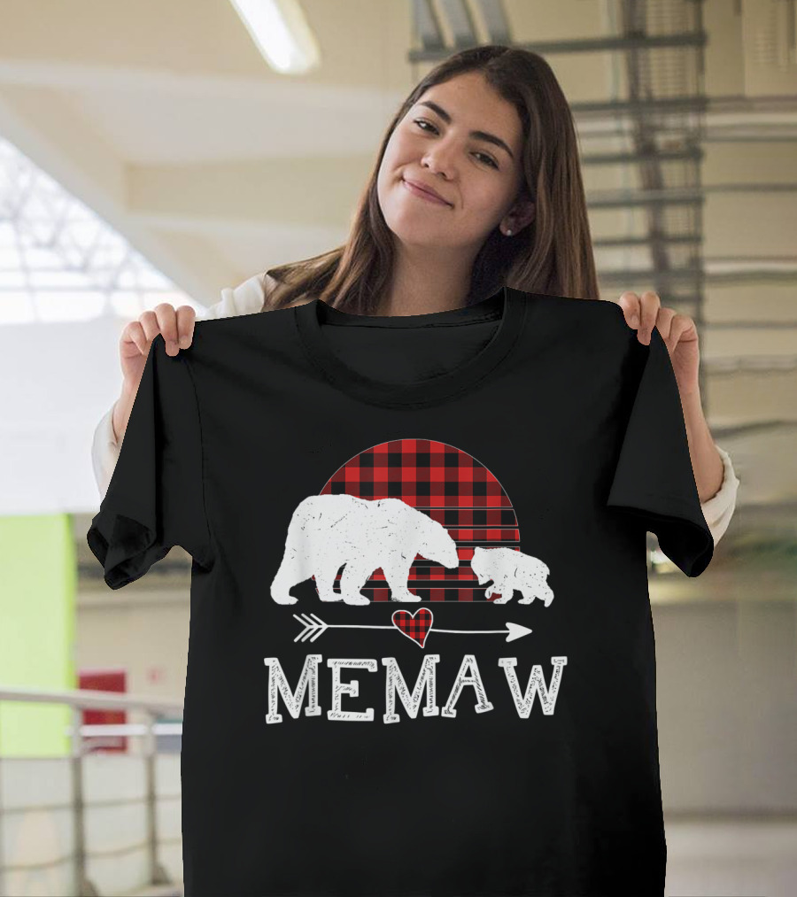 Memaw Bear with Red Plaid Buffalo Check and Heart Arrow T-Shirt