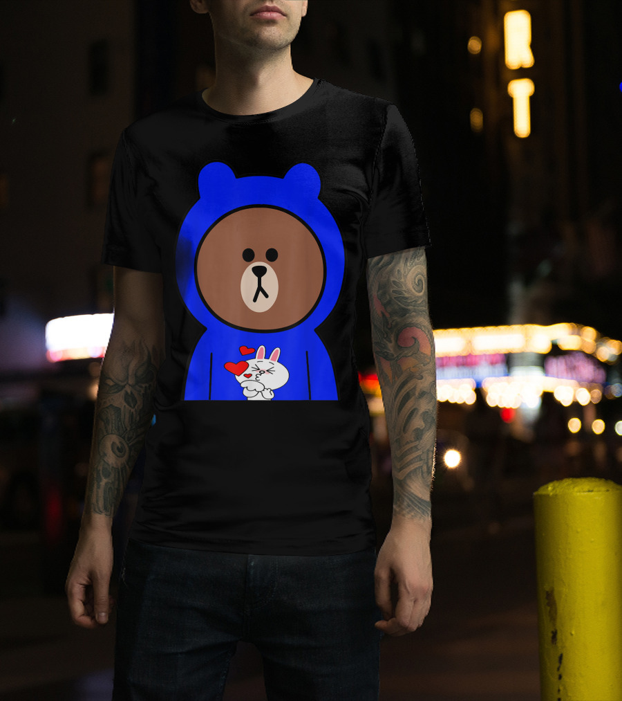 Brown Bear In Blue Hoodie With Cony Bunny Love Hearts T-Shirt