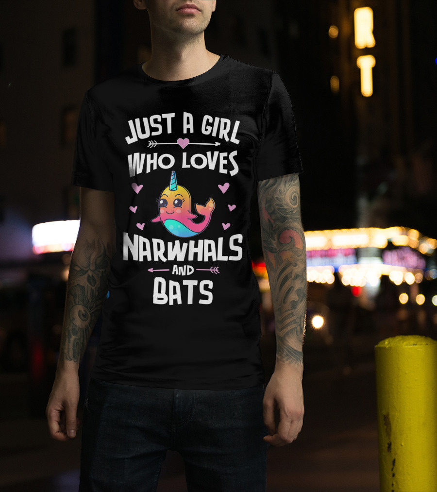 Just A Girl Who Loves Narwhals And Bats Cute Rainbow T-Shirt