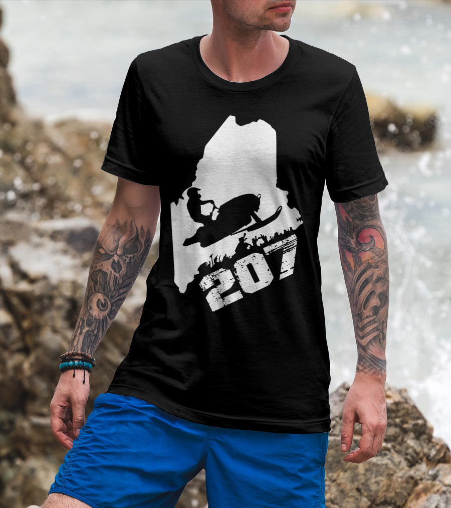 Maine 207 Snowmobile Silhouette In State Outline T-Shirt