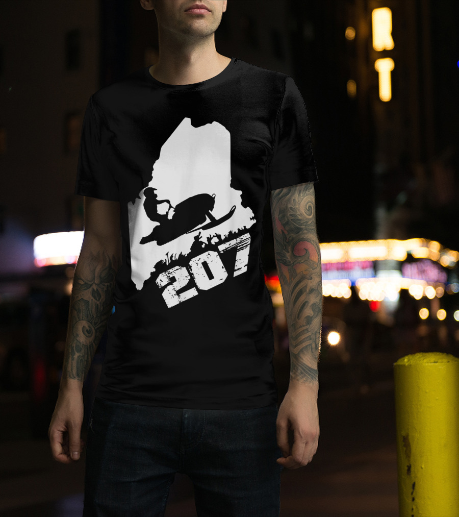 Maine 207 Snowmobile Silhouette In State Outline T-Shirt