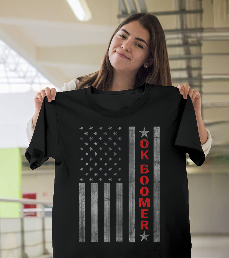 Ok Boomer Vertical Red Text On Distressed American Flag T-Shirt