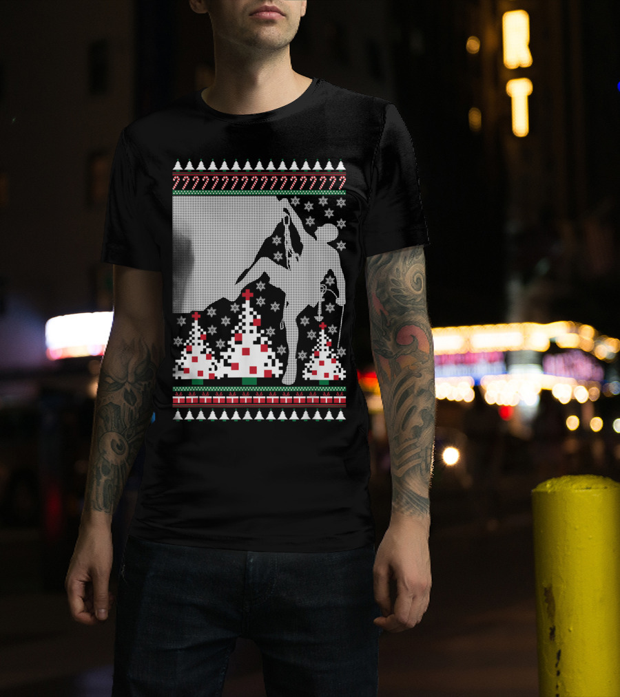 Rock Climbing Ugly Christmas Holiday Tree Pixel T-Shirt