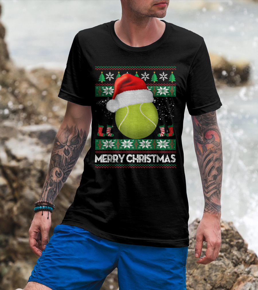 Merry Christmas Santa Hat Tennis Baum Pullover Snowflakes T-Shirt