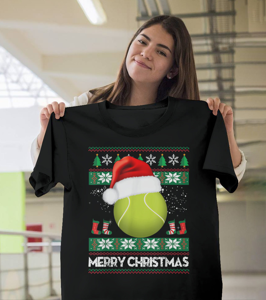 Merry Christmas Santa Hat Tennis Baum Pullover Snowflakes T-Shirt