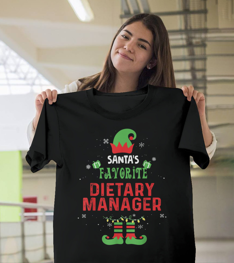 Santa's Favorite Dietary Manager Elf Hat Snowflakes Presents Holiday T-Shirt
