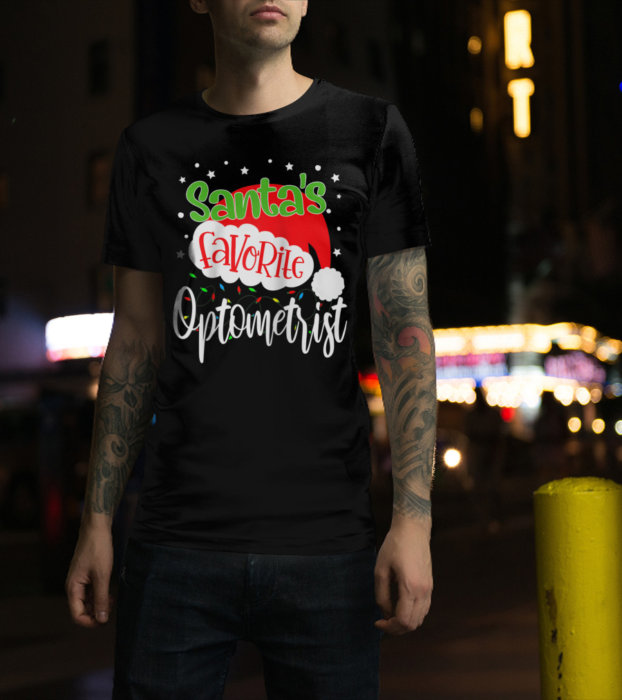 Santa's Favorite Optometrist Christmas Santa Hat And Lights T-Shirt