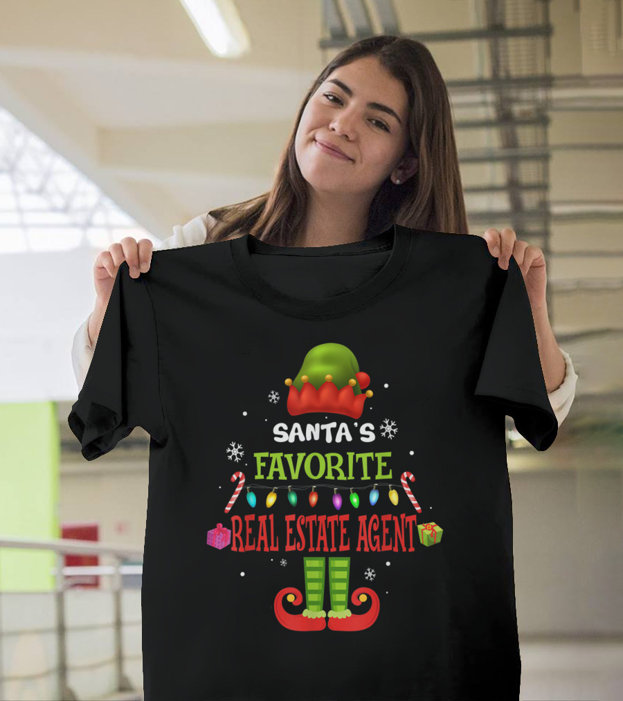 Santa's Favorite Real Estate Agent Christmas Elf Lights Candy Canes Gifts Snowflakes T-Shirt
