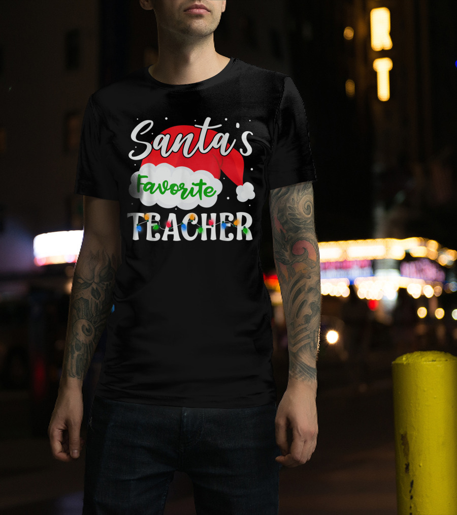Santa's Favorite Teacher Holiday Santa Hat With Christmas Lights T-Shirt