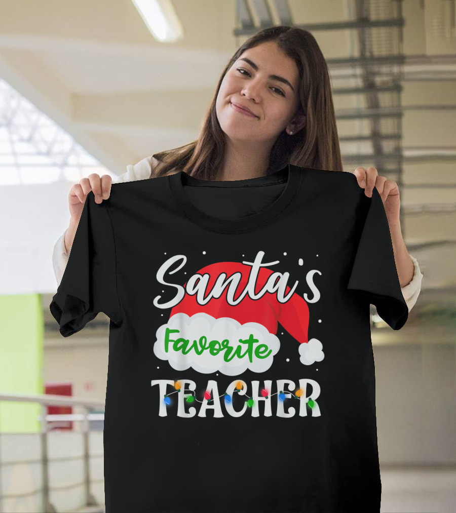 Santa's Favorite Teacher Holiday Santa Hat with Christmas Lights T-Shirt