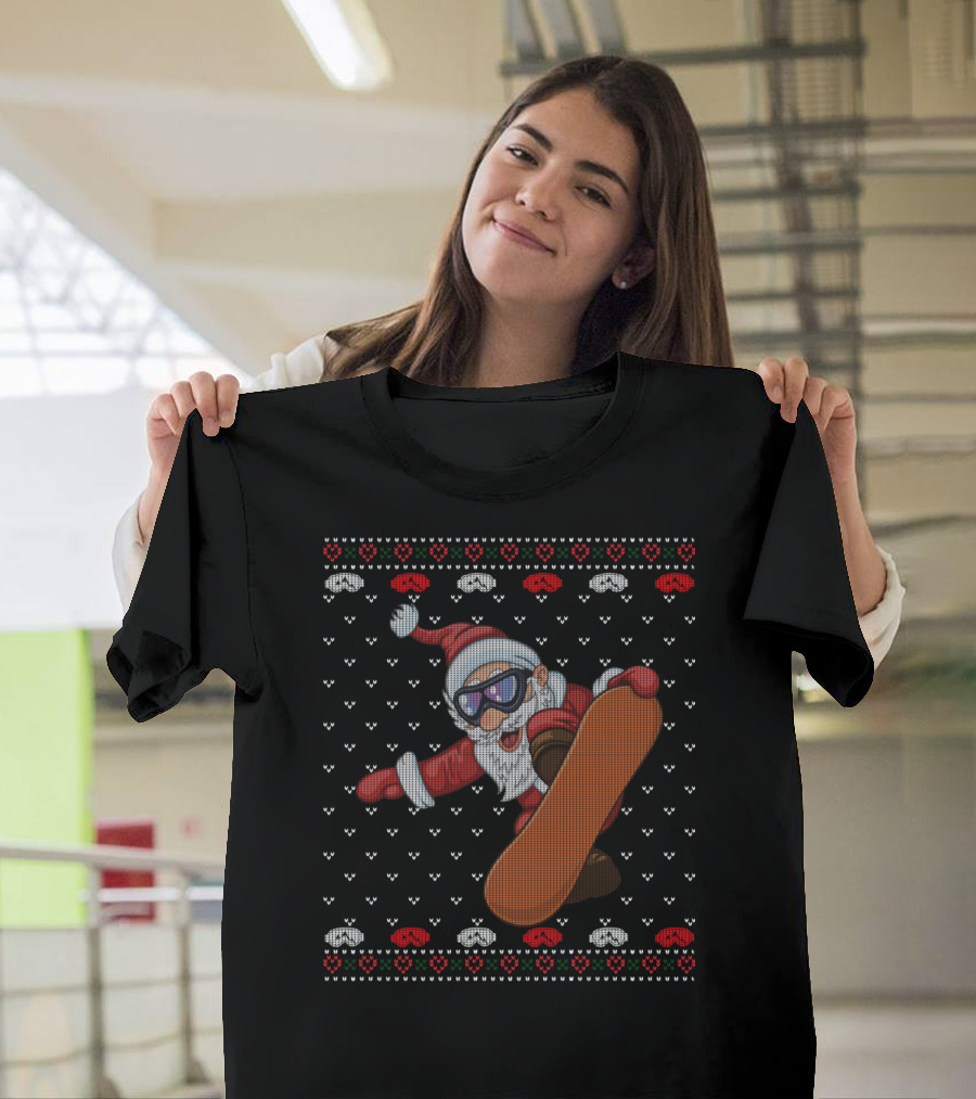 Snowboarding Santa with Goggles in Ugly Christmas T-Shirt
