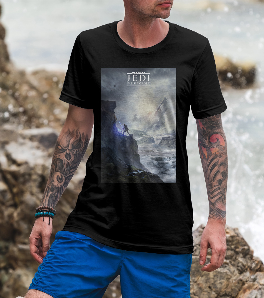Star Wars Jedi Fallen Order Scenic Battle With Stormtrooper And Ruins T-Shirt