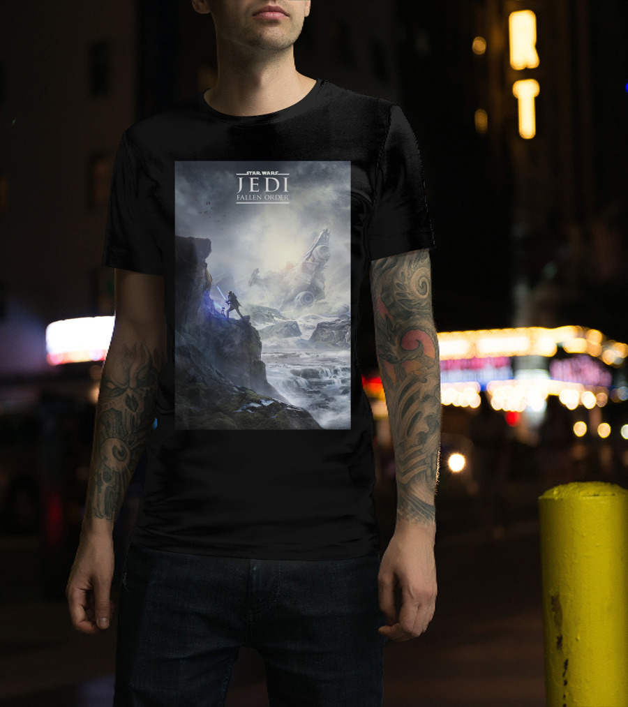 Star Wars Jedi Fallen Order Scenic Battle With Stormtrooper And Ruins T-Shirt