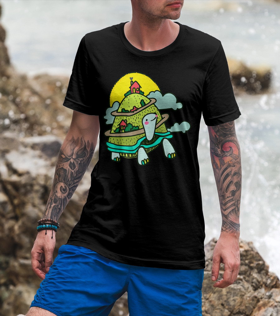 Turtle Life On A Mountain Path With Houses And Sun T-Shirt
