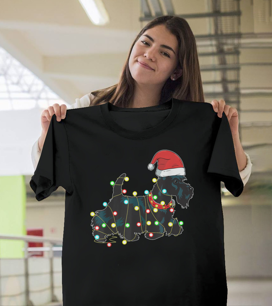 Scottish Terrier Wrapped in Christmas Lights and Santa Hat T-Shirt