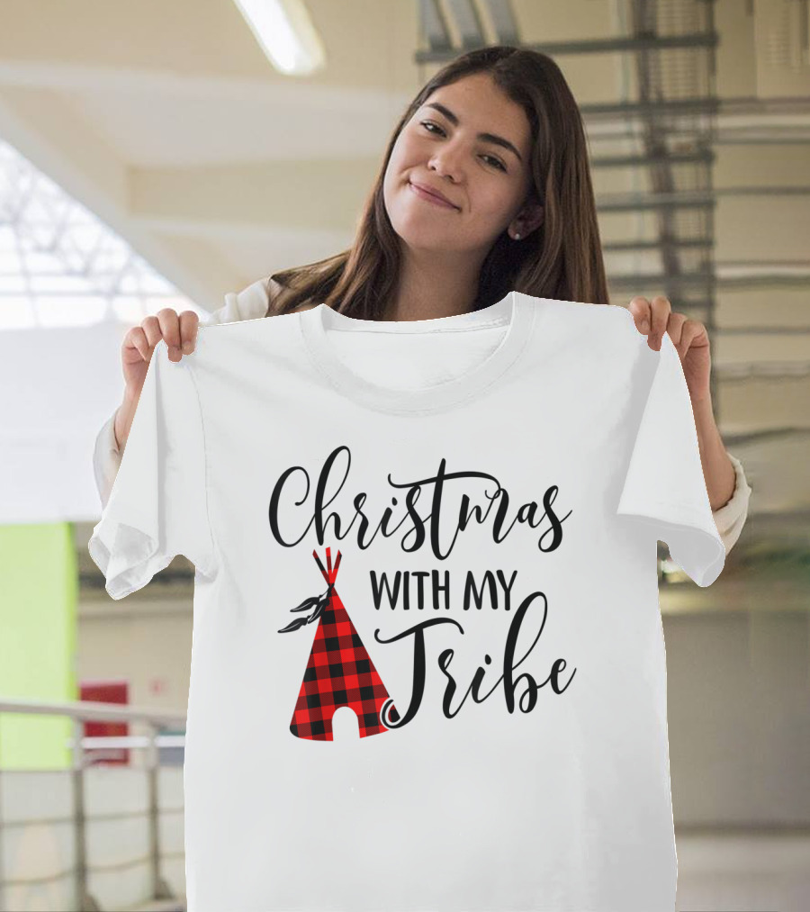 Christmas With My Tribe Teepee Buffalo Plaid Holiday T-Shirt