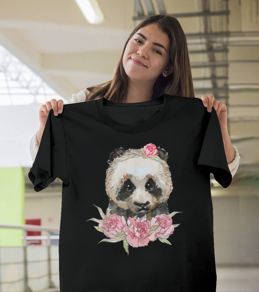 Baby Panda Bear With Pink Flower Crown And Blossoms T-Shirt