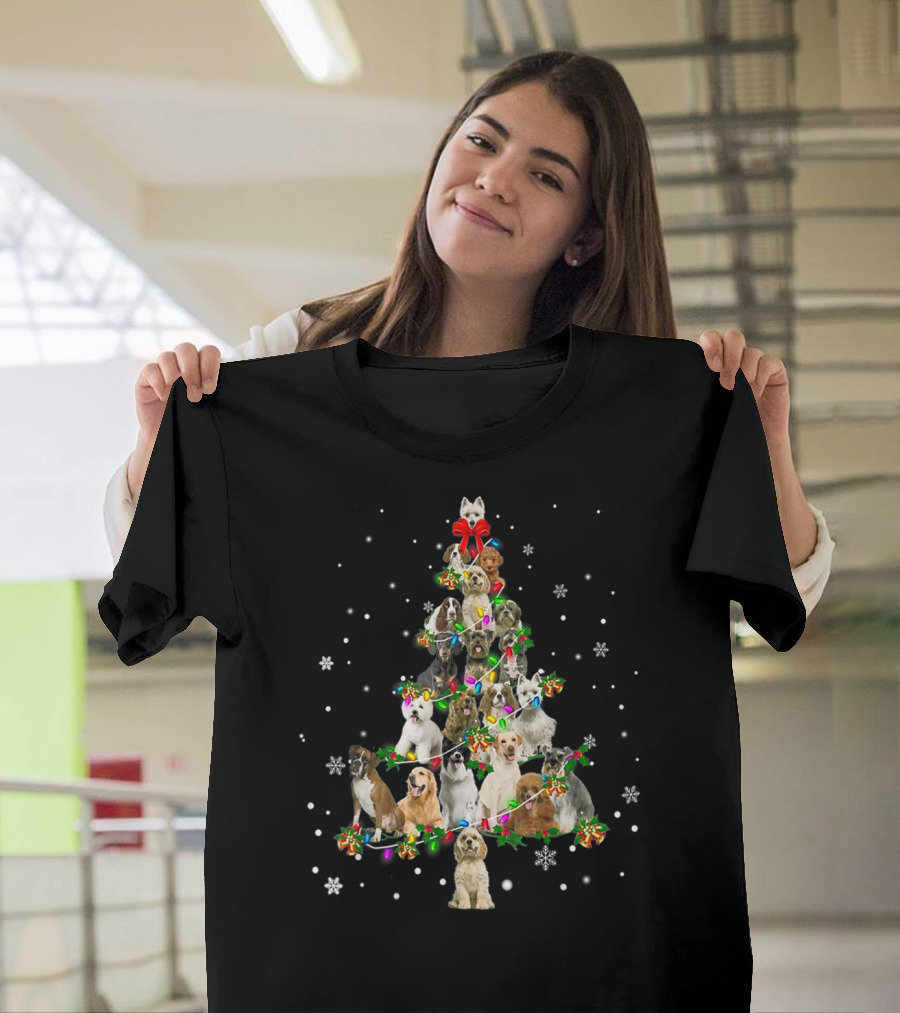 Cute Dogs Xmas Christmas Tree Decor With Festive Holiday Lights T-Shirt