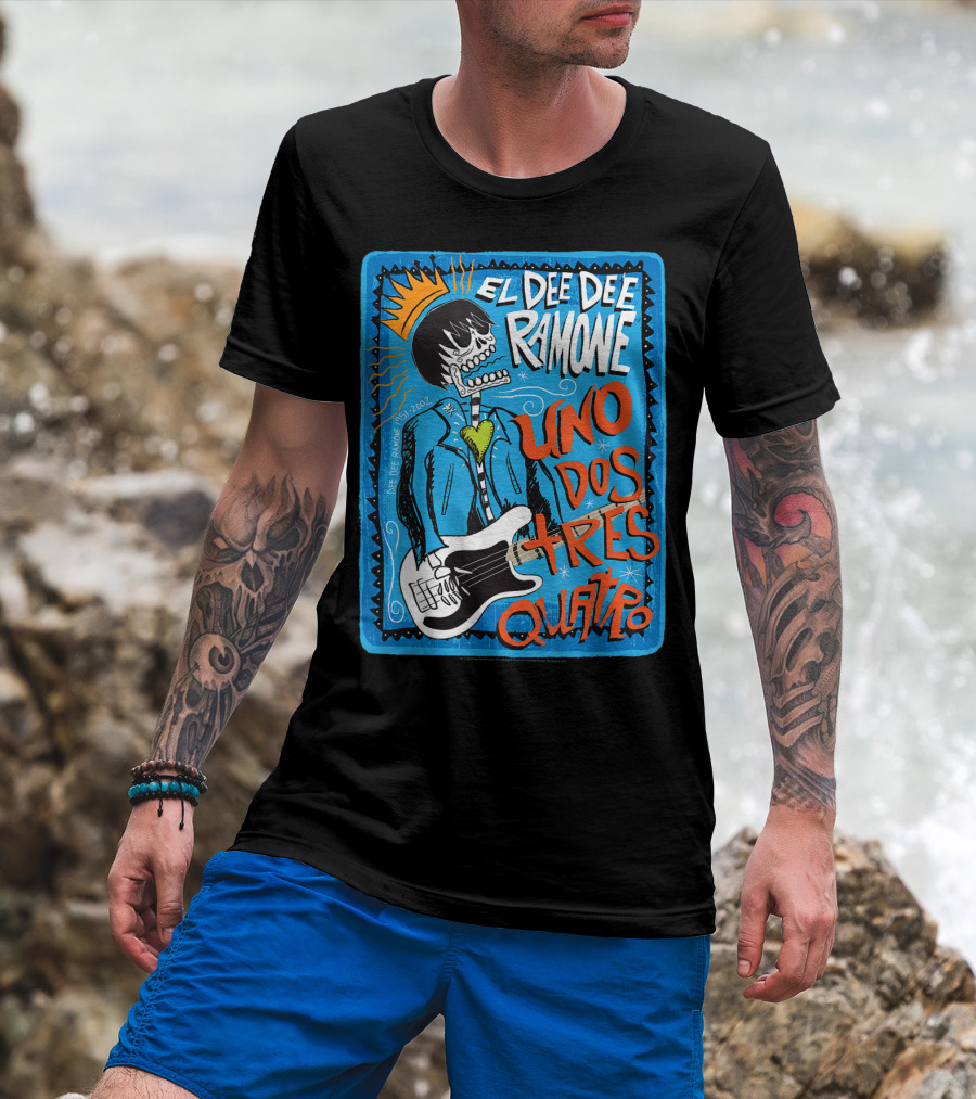El Dee Dee Ramone Uno Dos Tres Quatro Skull Art With Crown And Heart Guitar T-Shirt