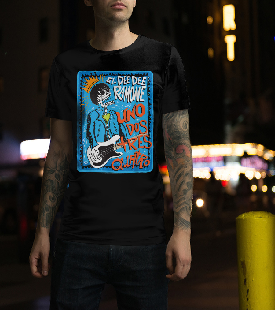 El Dee Dee Ramone Uno Dos Tres Quatro Skull Art With Crown And Heart Guitar T-Shirt