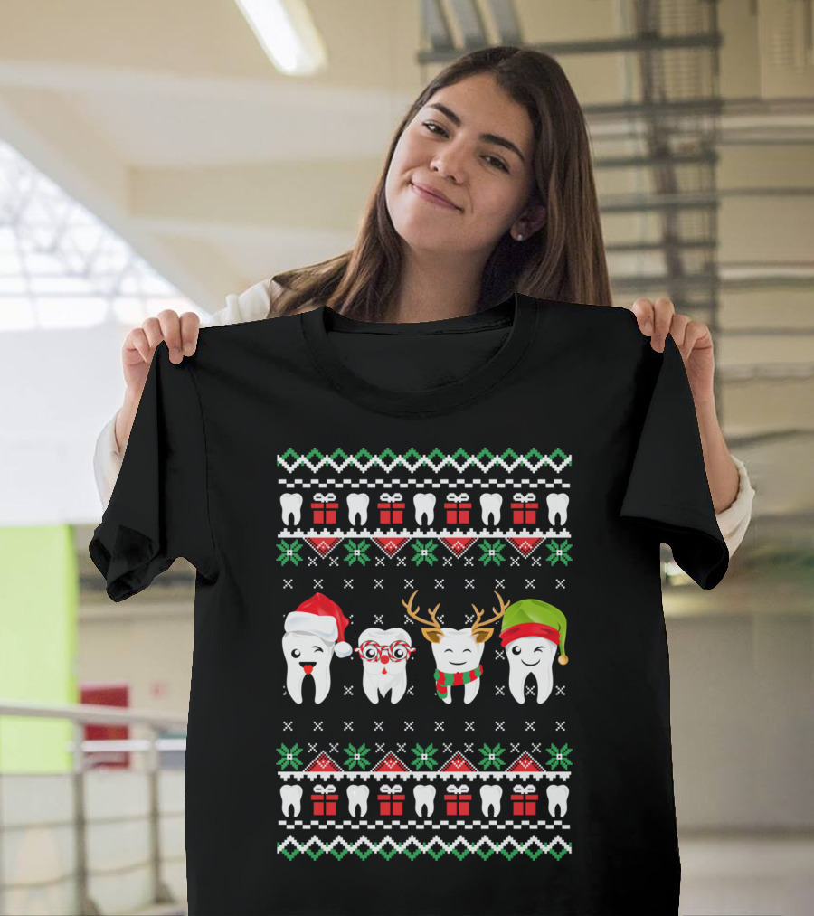 Dentist Ugly Christmas Teeth Santa Reindeer Glasses T-Shirt