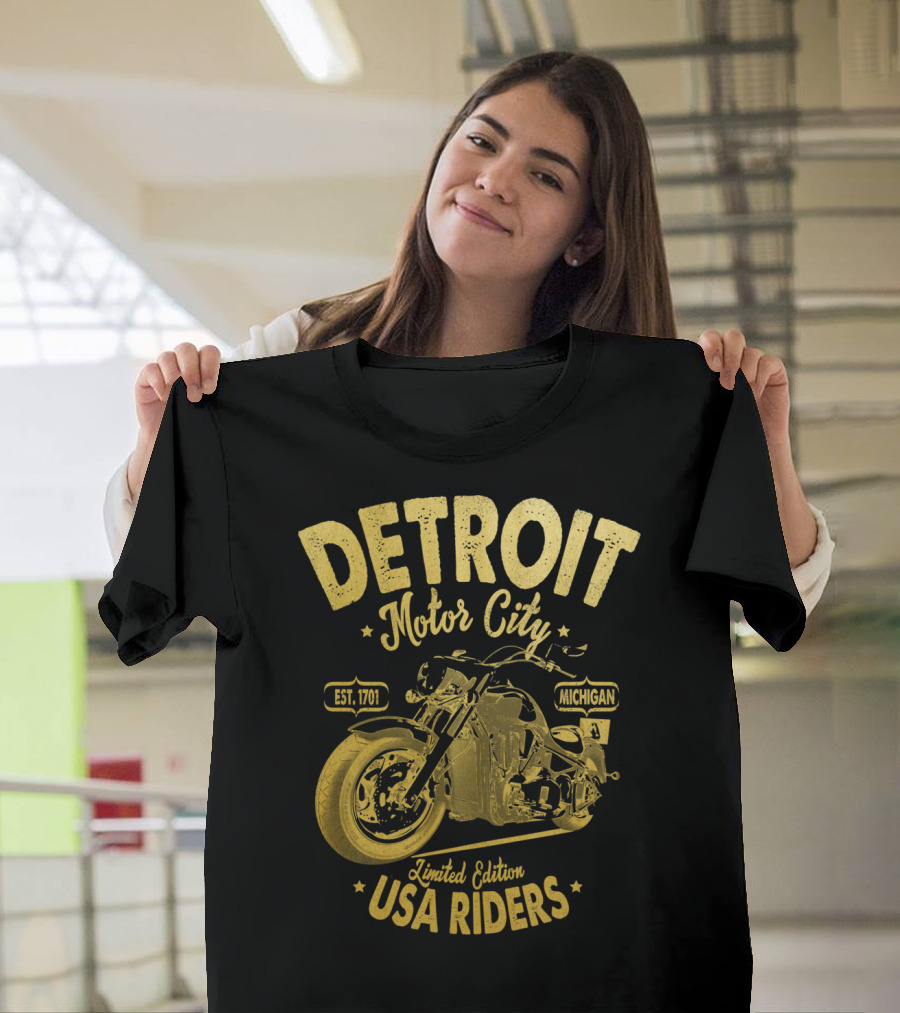 Detroit Motor City Michigan Est. 1701 USA Riders Gold Vintage T-Shirt