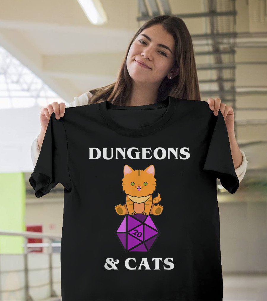 Dungeons And Cats Orange Cat On Purple D20 Dice T-Shirt