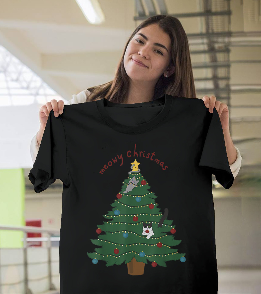 Meowy Christmas Funny Cats In Christmas Tree T-Shirt