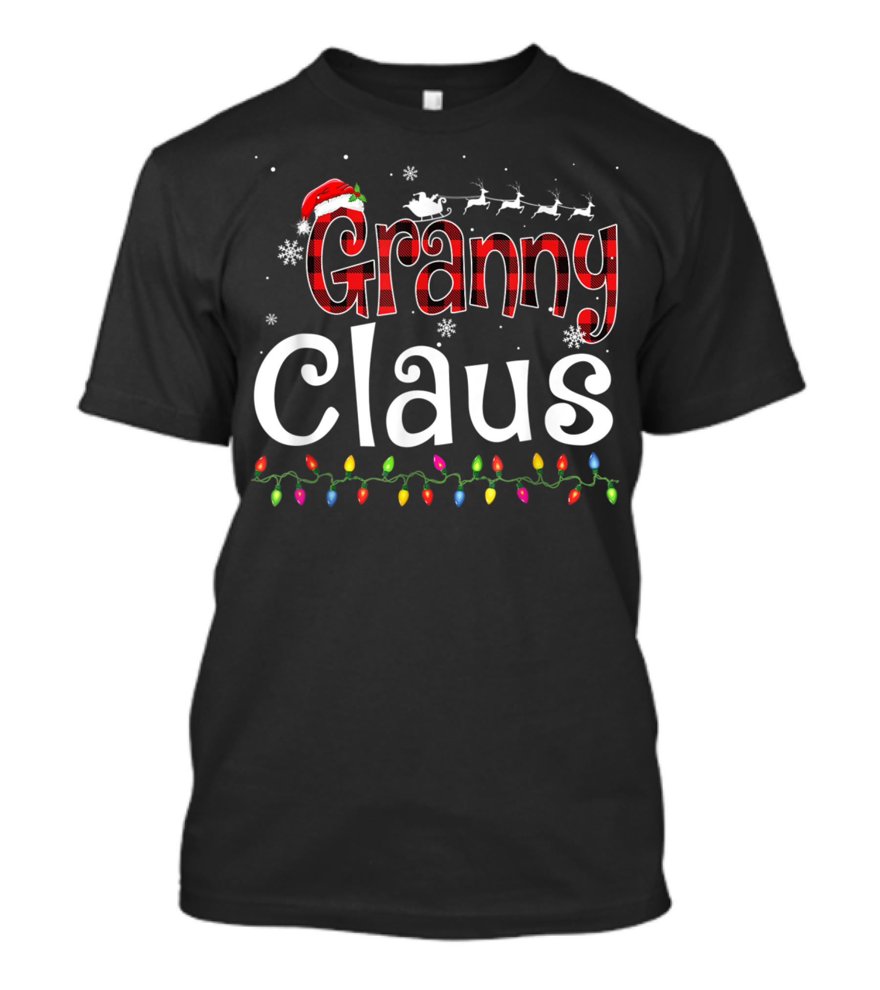 Granny Claus Santa Hat Reindeer Sleigh Christmas Lights Snowflakes T-Shirt