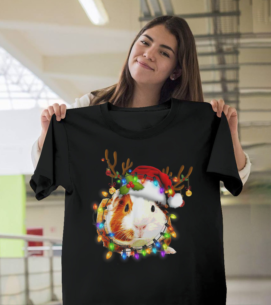 Guinea Pig with Christmas Lights and Reindeer Antlers in Santa Hat T-Shirt