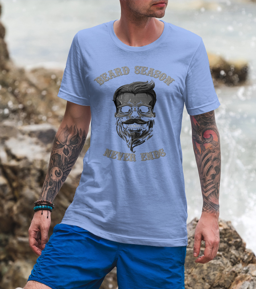 Beard Season Never Ends Skull With Mustache And Hair T-Shirt