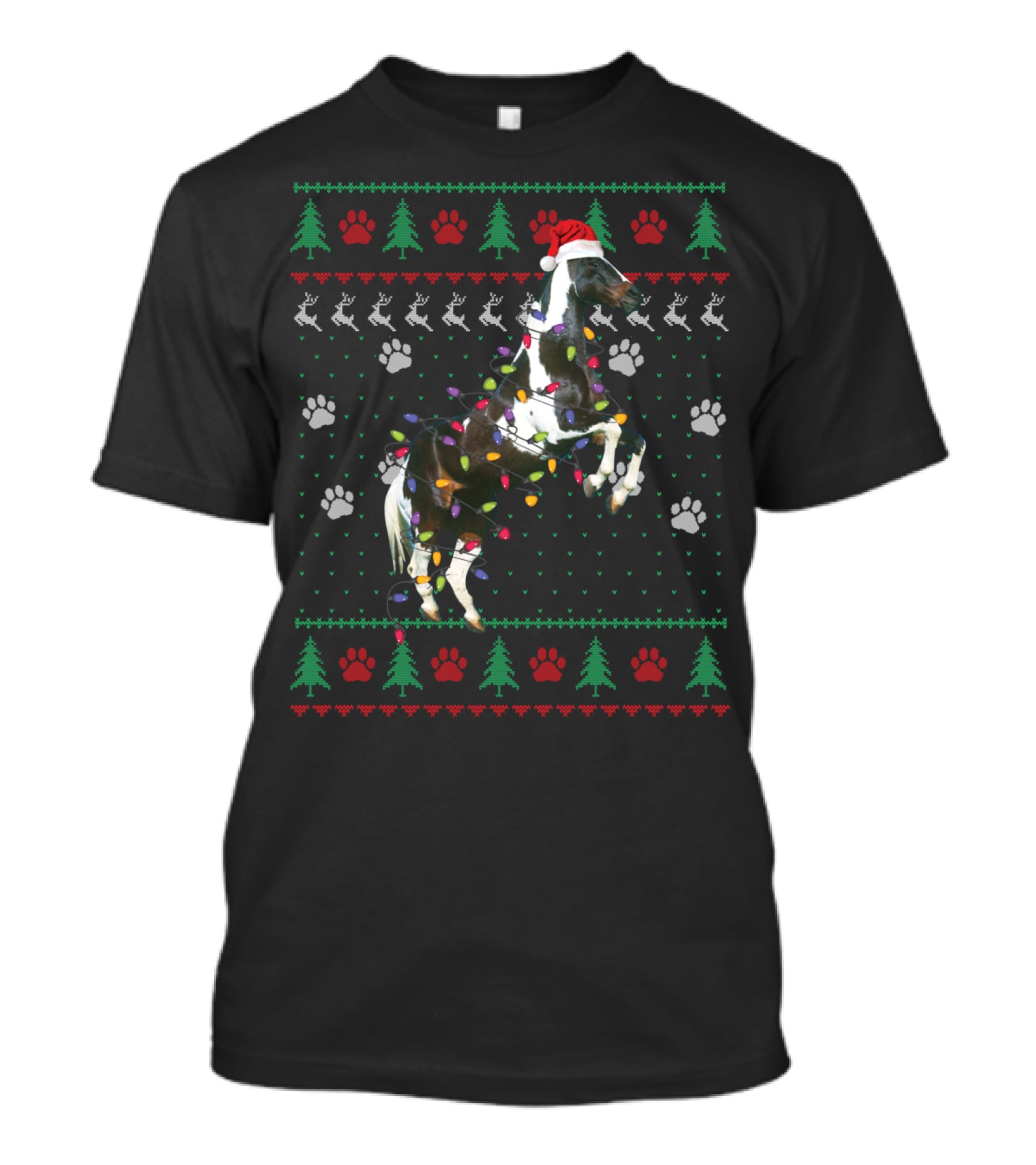American Paint Horse Christmas Lights Santa Hat Ugly T-Shirt
