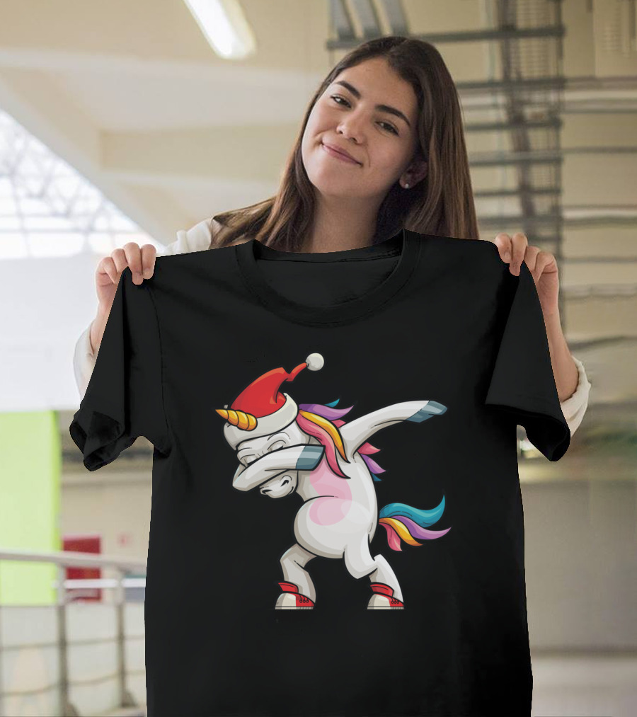 Dabbing Santacorn Xmas Funny Santa Unicorn Rainbow Mane Santa Hat T-Shirt