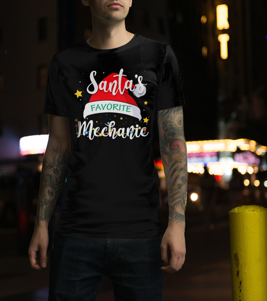 Santa's Favorite Mechanic Christmas Costume With Santa Hat And Holiday Lights T-Shirt