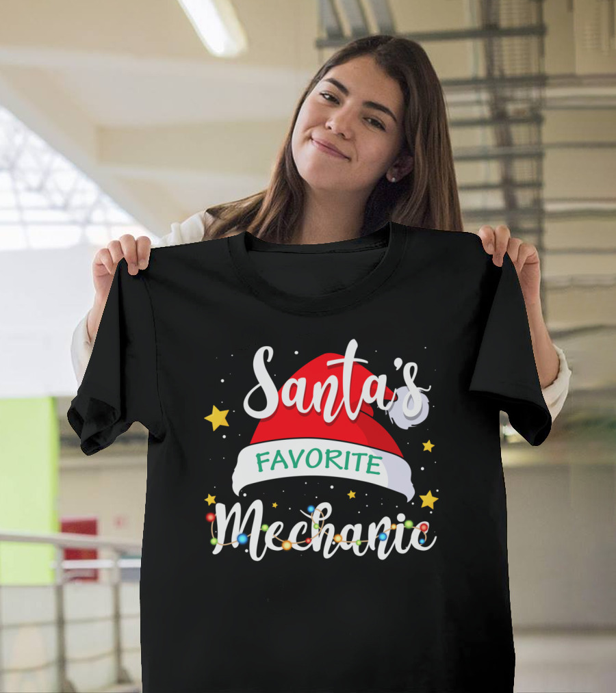 Santa's Favorite Mechanic Christmas Costume With Santa Hat And Holiday Lights T-Shirt