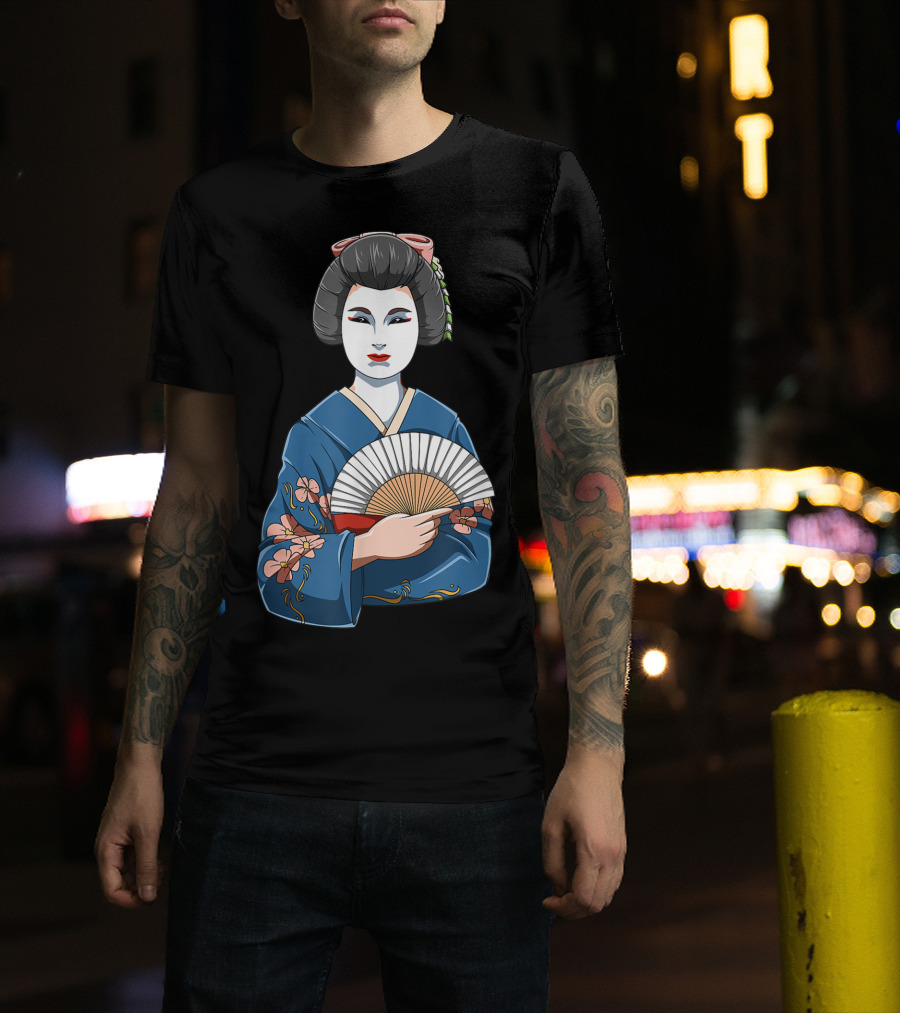 Geisha Girl Traditional Japanese Kimono Fan Blossoms T-Shirt