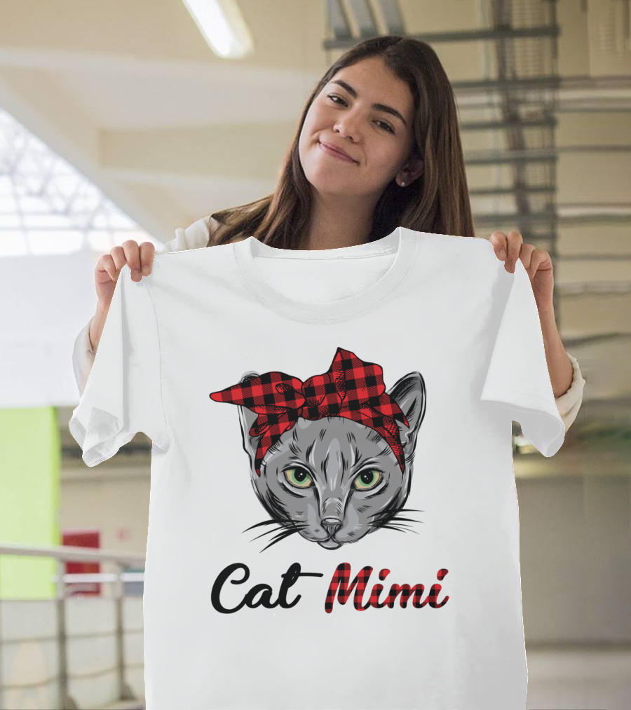 Grandma Pet Outfit Cat Mimi Buffalo Plaid Headband T-Shirt