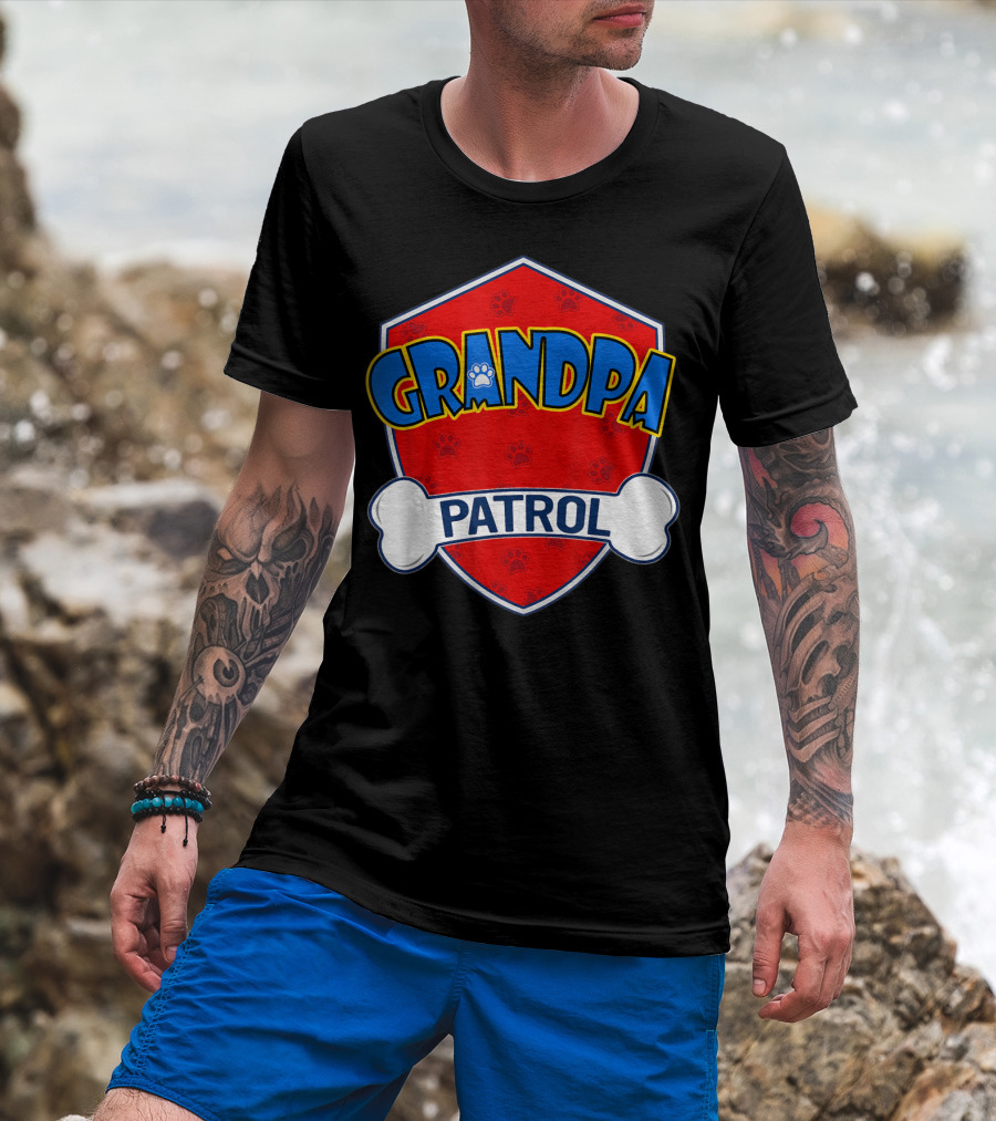 Grandpa Patrol Shield With Pawprint Bone T-Shirt