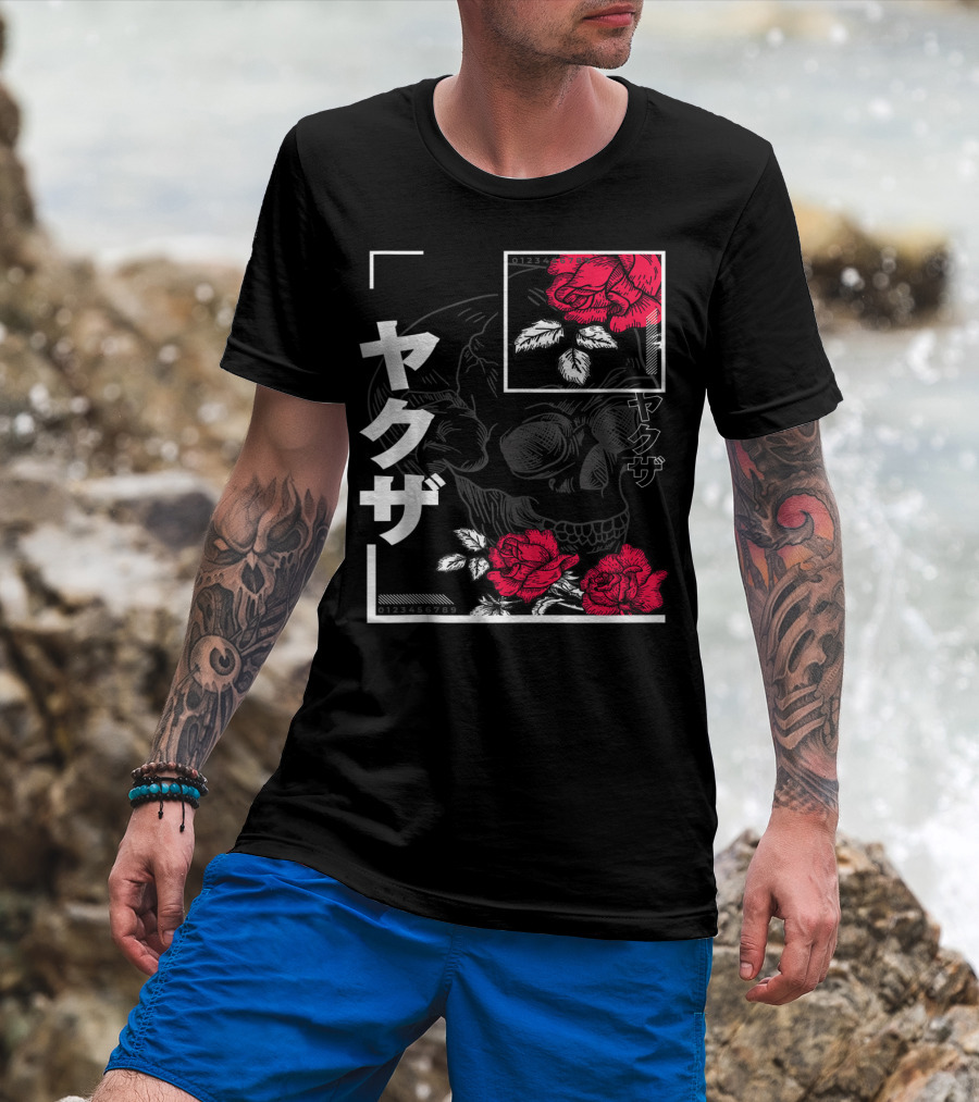 Urban Yakuza Skull And Red Roses T-Shirt