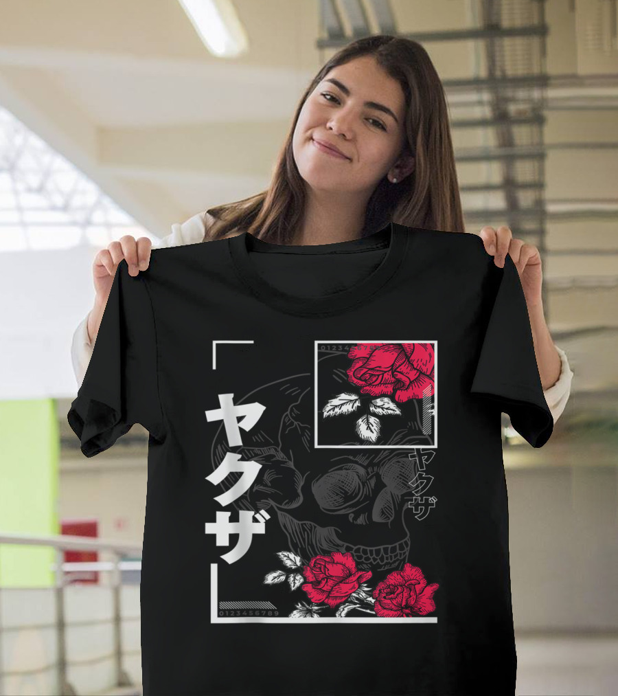 Urban Yakuza Skull and Red Roses T-Shirt