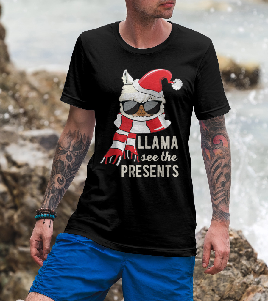 Llama See The Presents Funny Hat Xmas Alpaca Christmas Santa Scarf Sunglasses T-Shirt